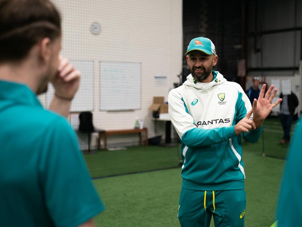 Nathan Lyon has been working on his sign language. Picture: Supplied