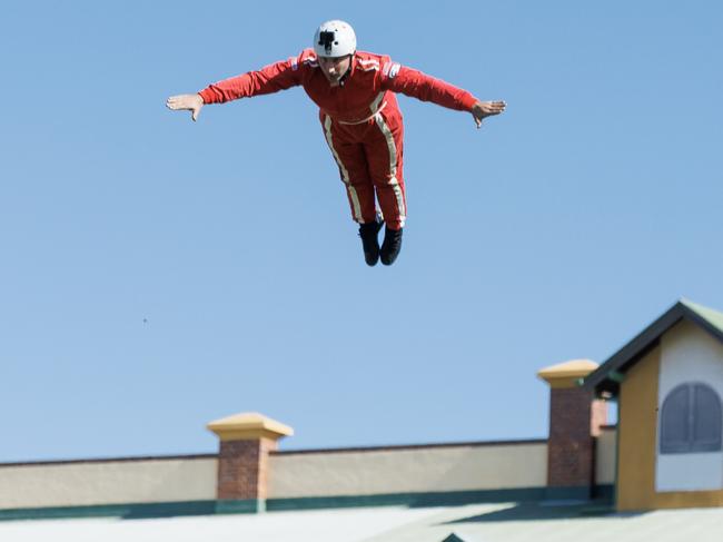 He believes he can fly... Human Cannonball Warren Brophy. Picture: Lachie Millard