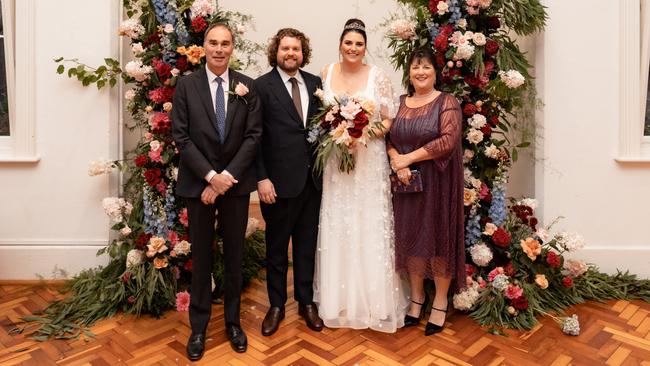 Nigel Fish, Kyle Wilkinson, Olivia Catanach and Amanda Catanach at the wedding reception, wearing a tiara that had been in her family since the early 1900s. Picture: Tony Evans Photography