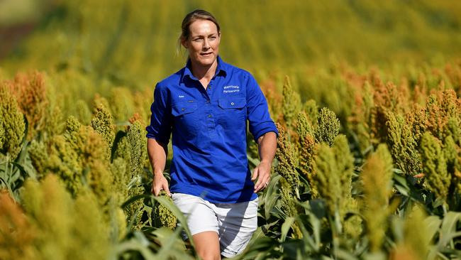 NSW farmer Kate Gunn in a sorghum crop.