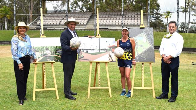 Councillor Cherie Rutherford, Rockhampton Region Mayor Tony Williams, Rockhampton Netball president Simone Hitchcock and CQUniversity professor Grant Stanley. Picture: Aden Stokes