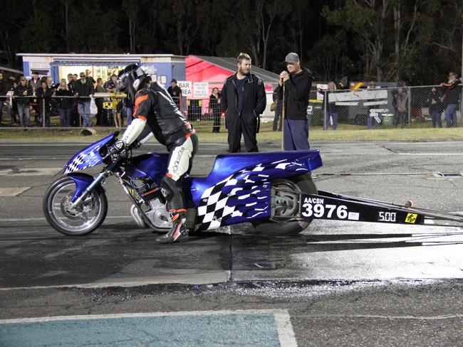 Mackay's Peter Johnson lines up to compete in the grudge match section of All Bikes. Peter set the fastest time of the event at 7.994 seconds over the quarter mile at Benaraby Dragway. Picture: Rodney Stevens