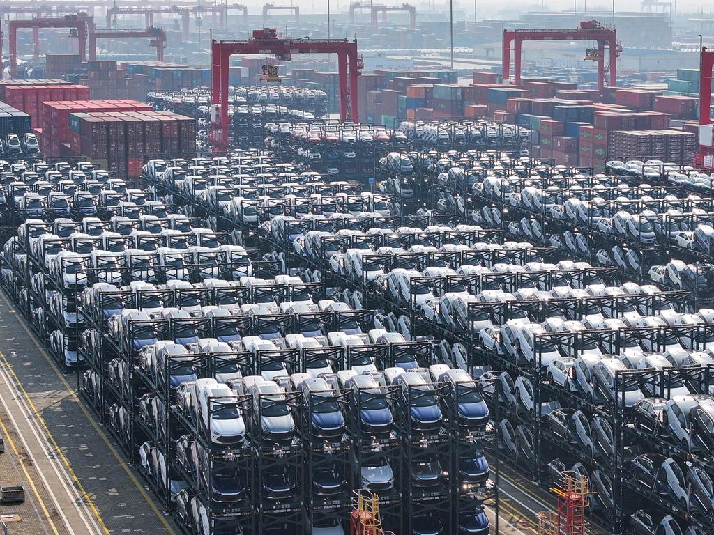 BYD cars waiting to be loaded onto a ship in Suzhou, China. Picture: AFP
