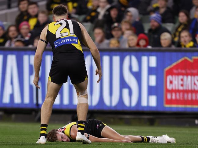 Sam Banks was out cold. Photo by Darrian Traynor/AFL Photos/via Getty Images