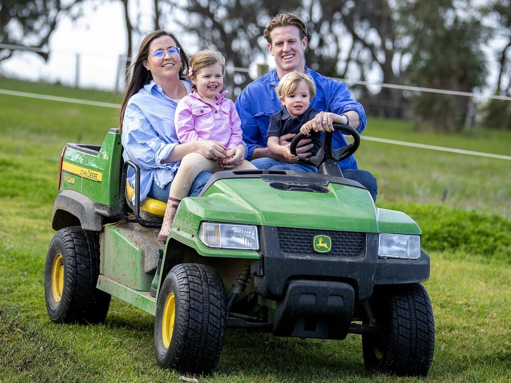 Tom Jonas with wife Millie and their children Matilda, 3, and George, 2, at Middleton last week. Picture: Mark Brake