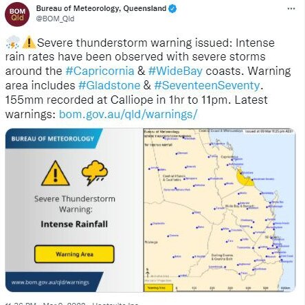 The Bureau of Meteorology forecast the intense rain and sever thunderstorms for Gladstone and surrounds late last night. Picture: BOM Twitter