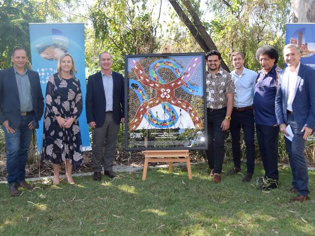 Mayor Tony Wiliams, Debra Mair (HTW Manager People and Culture), Graham Gross (HTW Manager CQ), Raymond Garrett, Richard and Uncle Clem Beezley and Gary Brinkworth (HTW CEO) at the launch of Herron Todd White's Reconcilation Action Plan in Rockhampton