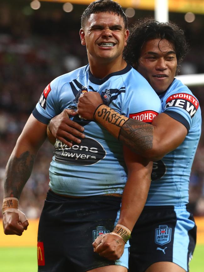 Latrell Mitchell of the Blues celebrates after scoring a try (Photo by Chris Hyde/Getty Images)