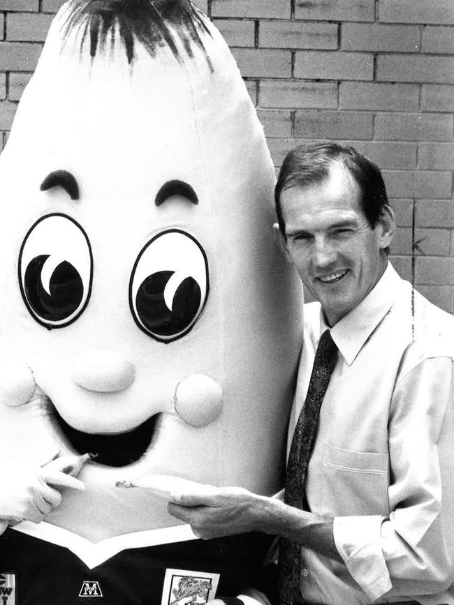 Benny the Banana and Wayne Bennett joined forces at a sponsorship launch in 1990.