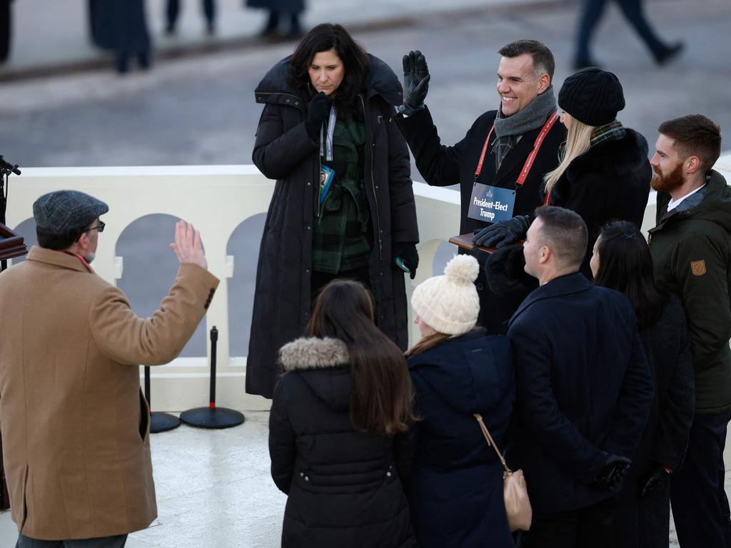 Master Sergeant Matthew Nall pretends to be sworn in as he stands-in for President-elect Donald Trump during dress rehearsals. Picture: Getty Images via AFP