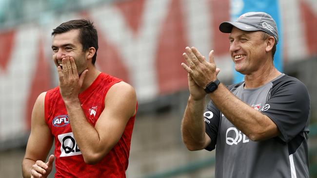 Logan McDonald and coach John Longmire during the Sydney Swans training session at the SCG on April 16, 2024. Photo by Phil Hillyard(Image Supplied for Editorial Use only - **NO ON SALES** - Â©Phil Hillyard )