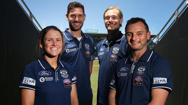 Geelong’s AFLW coaching team: (back) Aaron Black, Tom Stewart, (front) Natilie Wood and senior coach Paul Hood. Picture: Peter Ristevski