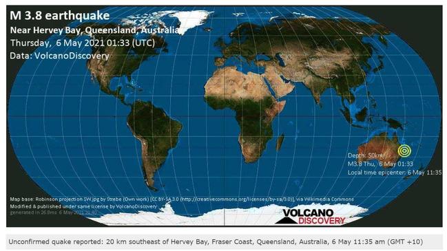 Monitoring service AllQuakes received reports of an earthquake in Hervey Bay, which was also felt along the Cooloola Coast. Image: Volcano Discovery.