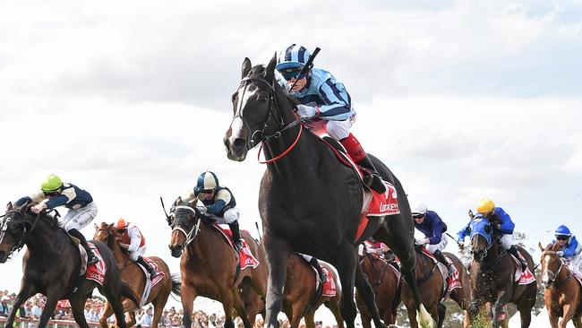 Onesmoothoperator (USA) ridden by Craig Williams wins the Ladbrokes Geelong Cup at Geelong Racecourse on October 23, 2024 in Geelong, Australia. (Pat Scala/Racing Photos via Getty Images)