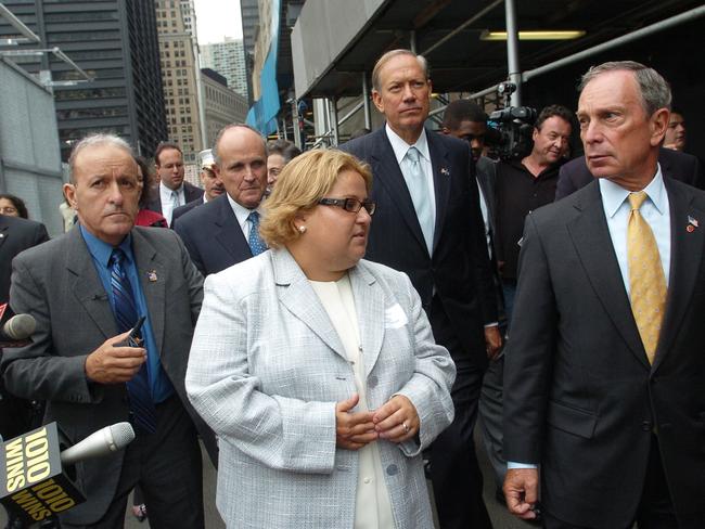 Tania Head takes former Mayor Rudy Giuliani, Governor George Pataki and Mayor Michael Bloomberg on the first guided tour of ground zero. Picture: David Handschuh/NY Daily News via Getty Images