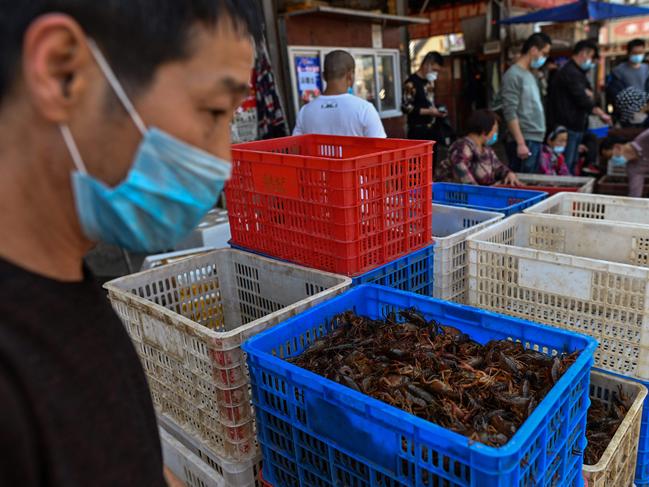 A basket of prawns at a shop at the Wuhan Baishazhou Market in Wuhan in China's central Hubei province. China's wet markets have gained a bad international reputation as the coronavirus roiling the world is believed to have been born in stalls selling live game in Wuhan late last year. Photo: Hector Retamal