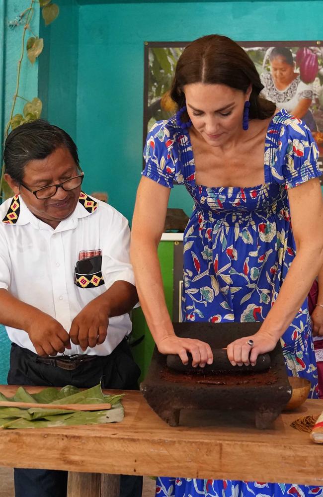 Kate Middleton during her visit to the Che'il Mayan Chocolate Factor in Indian Creek, Belize. Picture: Getty Images