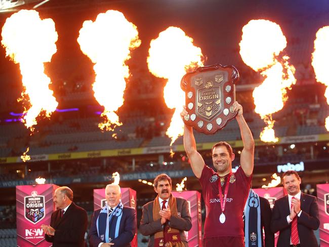 Cameron Smith holds the series trophy after game three of the 2016 State of Origin series