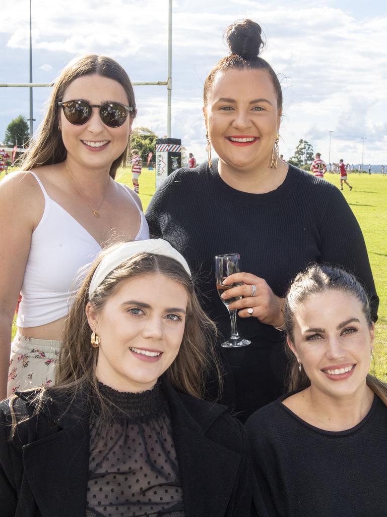 (back from left) Emma Halfpenny and Sarah Paton. (front from left) Bridgete Ostwald and Bridgite Patterson. Rangers Ladies Day at Gold Park. Saturday, May 28, 2022. Picture: Nev Madsen.