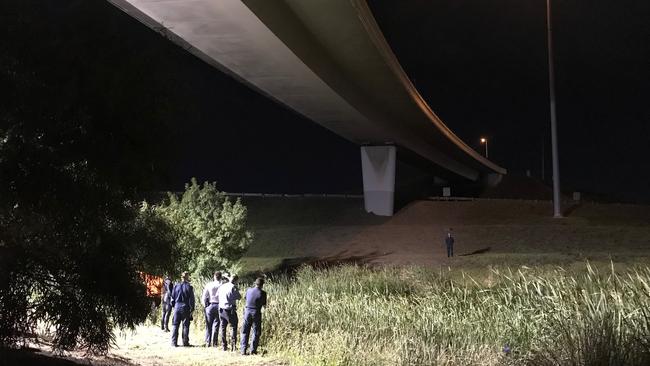 Police at the scene where the car veered off the road on Saturday night. Picture: Alanah Frost