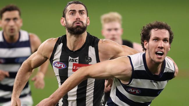 Brodie Grundy and Darcy Fort have battled against each other only twice previously ahead of Saturday’s Grand Final, with Grundy getting the better of his then Geelong opponent in round 7, 2020. Picture: Paul Kane / Getty Images