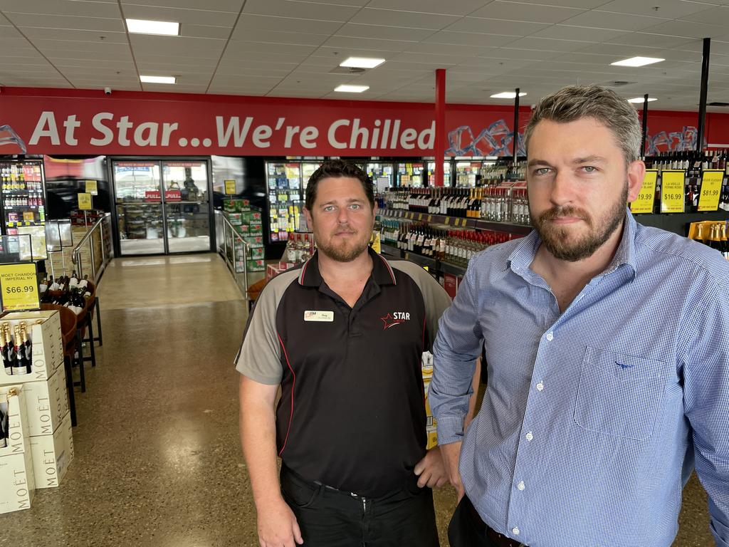 Star Liquor warehouse retail manager Guy Gibson with Twin City Hotel general manager Chris McNeill at the newly open Star Liquor warehouse at the Twin City Hotel. Picture: Leighton Smith.