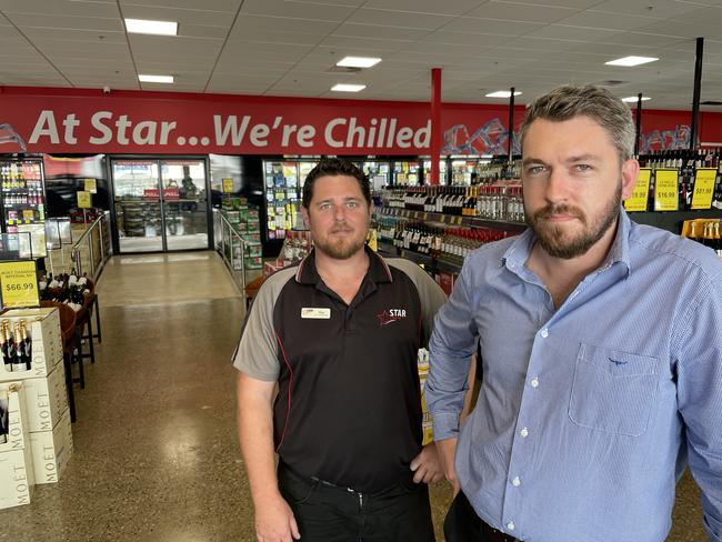 Star Liquor warehouse retail manager Guy Gibson with Twin City Hotel general manager Chris McNeill at the newly open Star Liquor warehouse at the Twin City Hotel. Picture: Leighton Smith.