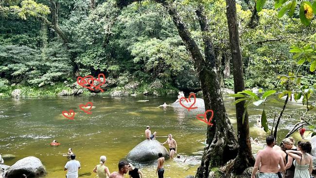 Melbourne visitor Cath Russell took this photo on January 3 after she witnessed a woman rescued by strangers after being swept downstream at Mossman Gorge. Ms Russell said the red hearts indicate where the rescuers were in the river to retrieve the woman. Picture: Cath Russell