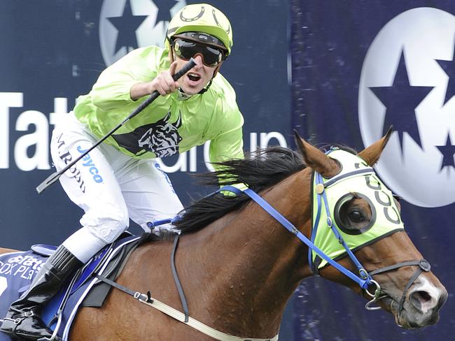 2008 Cox Plate. Moonee Valley. Michael Rodd celebrates his win on Maldivian.