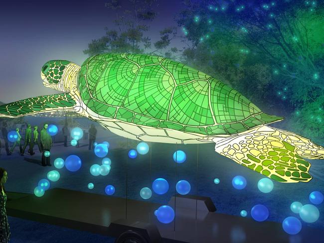 An artist’s impression of a gigantic marine turtle with moving fins which will be among the stars of Vivid Sydney at Taronga Zoo. Picture: Supplied