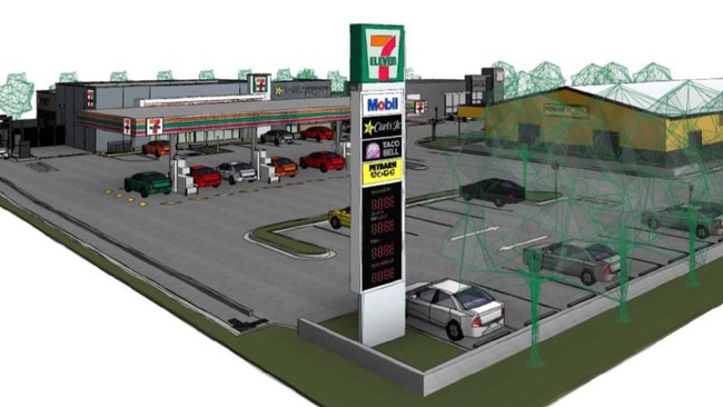 An artist impression of the finished block at Worrigee St, including a 7-11, Taco Bell and Carl's Jr.