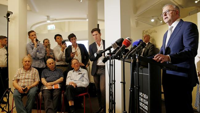 Holocaust survivors Eddie Friedlander, Professor Mark Spigelman and Egon Sonnenschein watch as Prime Minister, Anthony Albanese speaks at the Sydney Jewish museum. Picture: NewsWire / John Appleyard