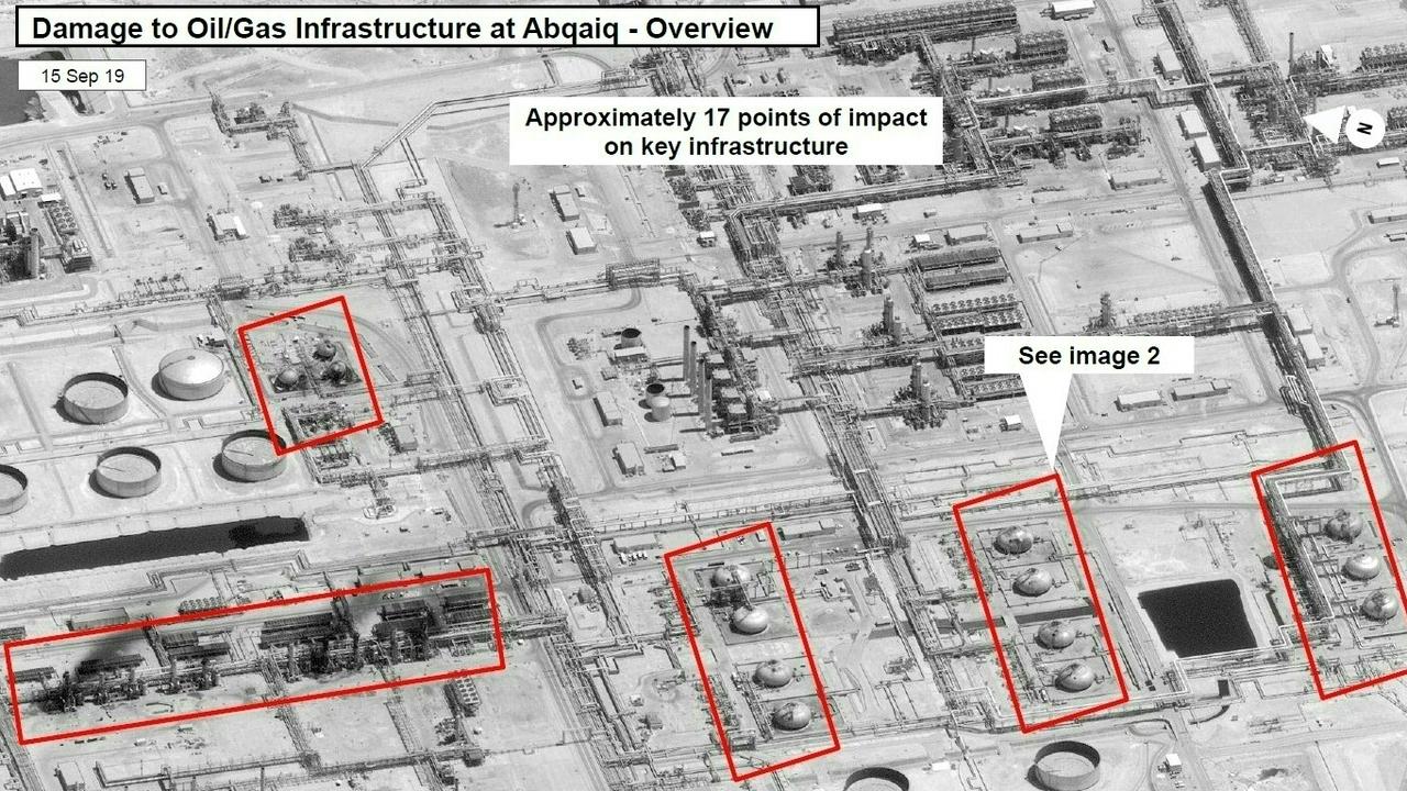 This satellite overview shows damage to oil/gas infrastructure from weekend drone attacks at Abqaiq on September 14, 2019 in Saudi Arabia.