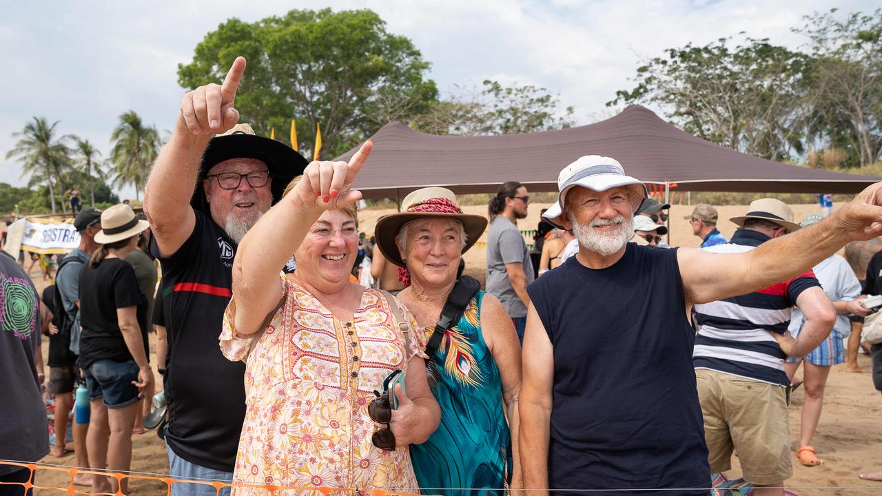 Chris Geddes, Wendy Geddes, Monika Thompson and Mark Thompson at the Darwin Beer Can Regatta at Mindil Beach, 2023. Picture: Pema Tamang Pakhrin