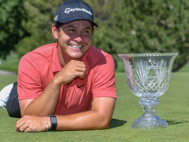 FARMINGTON, UTAH - AUGUST 04: Karl Vilips of Australia poses for photos after winning the final round of the Utah Championship presented by Zions Bank and Intermountain Health at Oakridge Country Club on August 04, 2024 in Farmington, Utah. (Photo by Alex Goodlett/Getty Images)