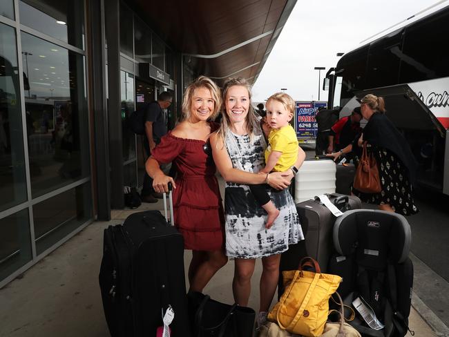 Christie Mantzouridis with Emily Taylor and her son Calvin from the Blue Mountains finally arrived in Hobart after their Sydney flight was diverted to Launceston. Picture: NIKKI DAVIS-JONES