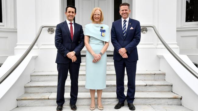 New Premier David Crisafulli and Deputy Premier Jarrod Bleijie were the first members of the new cabinet sworn in by Governor Jeannette Young on Monday. Picture: NewsWire / John Gass