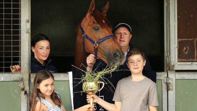 Trainer Danny O'Brien with his family and Melbourne Cup winner Vow and Declare. Picture: Mark Evans/Getty Images