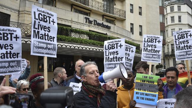 Leading human rights campaigner Peter Tatchell addresses protestors outside The Dorchester hotel on Park Lane in London, demonstrating on Saturday against the Brunei anti-gay laws, Saturday April 6, 2019. Picture: Sophie Hogan/PA via AP