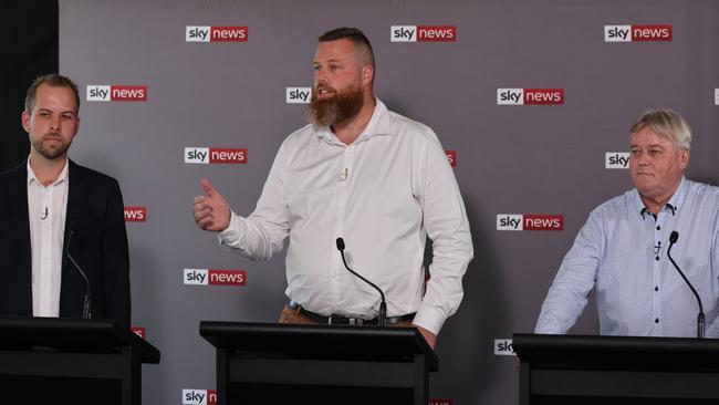 From left, Nationals candidate James Thomson, Labor’s Dan Repacholi and One Nation’s Dale McNamara at the Hunter debate on Wednesday. Picture: David Swift