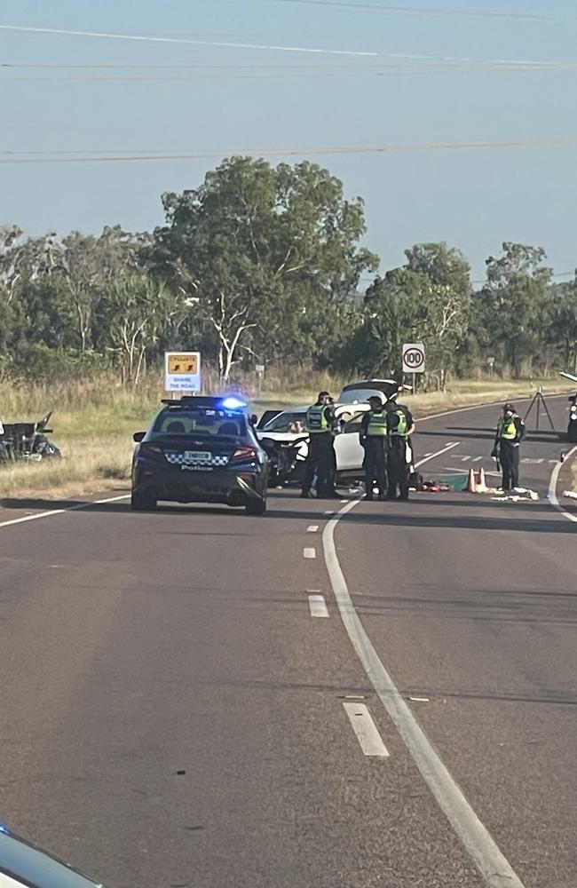 Police on the scene after a Nissan X-Trail and black Toyota Corolla collided on Kirkland Rd, Durack, on May 14, 2025. Picture: Nathaniel Chambers