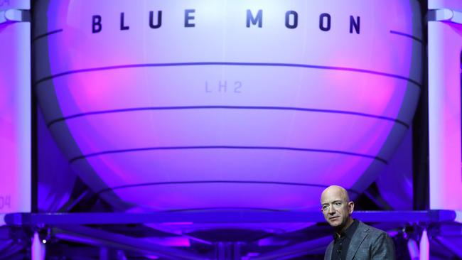 Amazon.com founder Jeff Bezos unveils Blue Origin’s space exploration lunar lander rocket in 2019. Picture: AFP