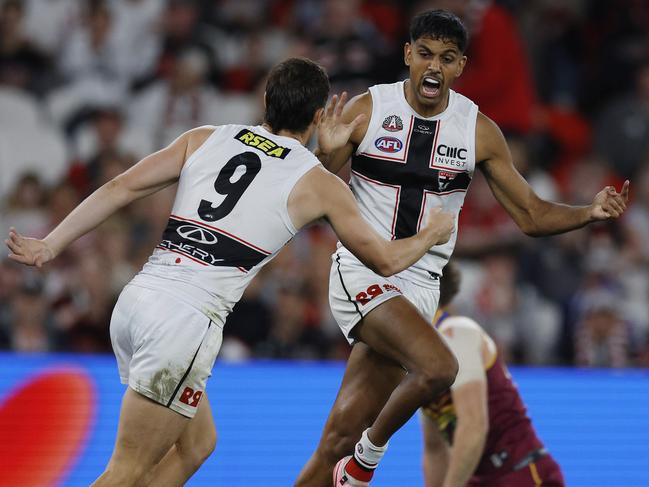 NCA. MELBOURNE, AUSTRALIA. April 26th, 2025 . AFL Round 7.  St Kilda vs Brisbane Lions at Marvel Stadium.   Nasiah Wanganeen-Milera of the Saints celebrates a 3rd quarter goal    .   Picture: Michael Klein