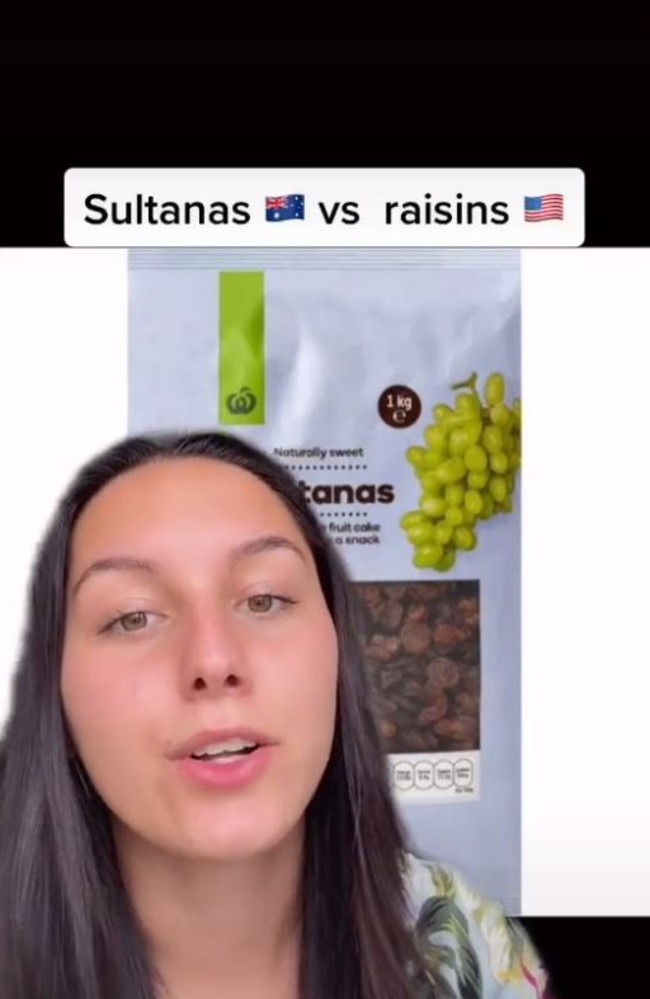 An American woman has been labelled ‘wrong’ and ‘misinformed’ after claiming the same dried fruit item is called raisins in the US. Picture: TikTok