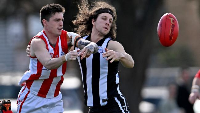 WRFL: North Footscray’s Connor Roach and Parkside’s Samuel Dukic battle for the ball. Picture: Andy Brownbill