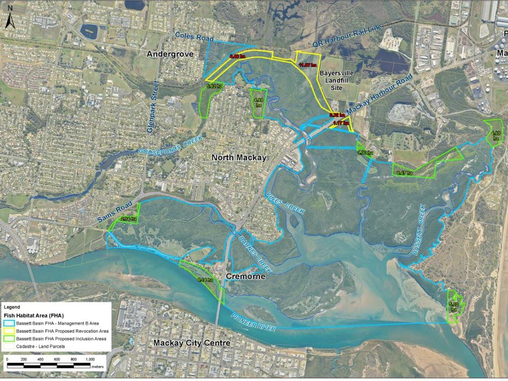 Aerial plan of Stage 2 of the Mackay Ring Road outlining the planned land clearing in yellow and the additional habitat areas in Green