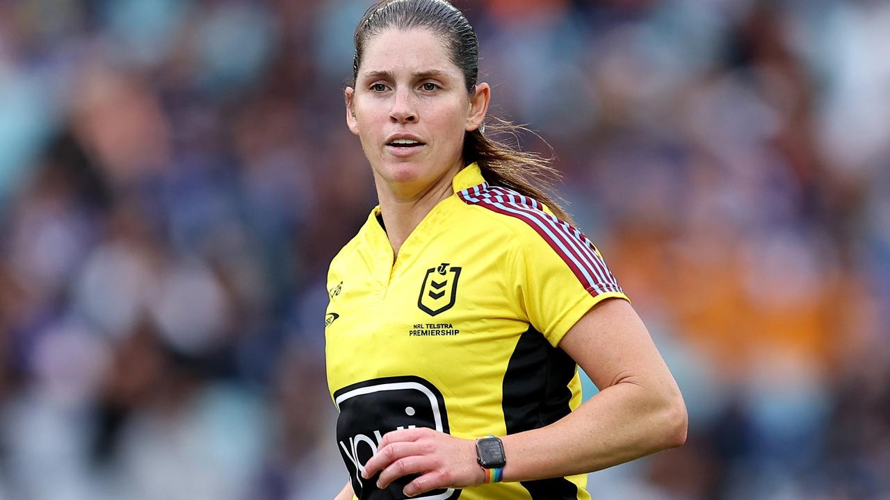 SReferee, Kasey Badger in action during the round nine NRL match between Canterbury Bulldogs and Wests Tigers