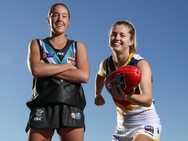 The SANFLW last year held an exhibition Showdown where players from the SANFLW clubs were split into Port and Crows teams. Representing Port was Maddi Newman and representing the Crows was Nadia von Bertouch. Both have since been drafted into the AFLW. Picture SARAH REED