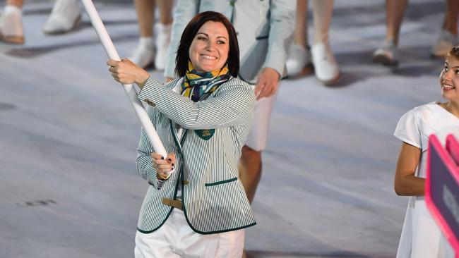 Australia's flag-bearer Anna Meares leads her during the opening ceremony of the Rio 2016 Olympic Games at the Maracana stadium.