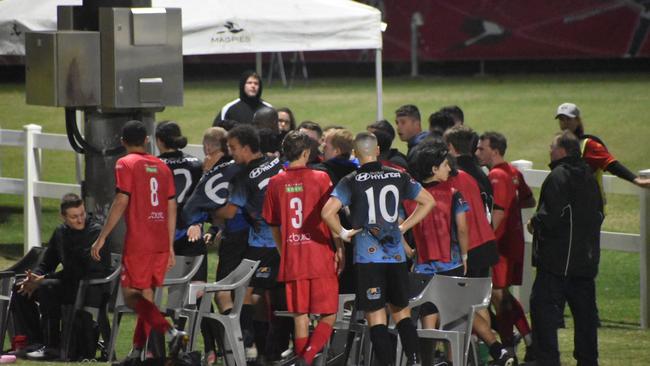 A scuffle broke out late in the Magpies Crusaders v Redlands United match. Picture: Matthew Forrest